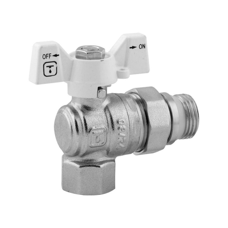 Ball valve ITALGAS 3/4" with union, "anti-leak", handle - white butterfly, angled