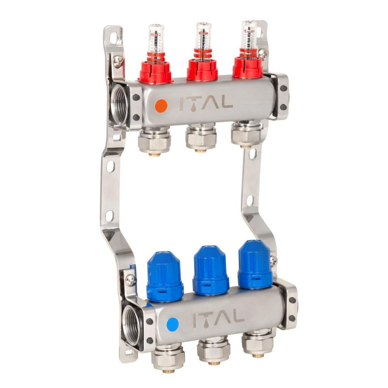 Manifold block with flow meters ITALGAS HC1-03 x 3/4"Ek, stainless steel